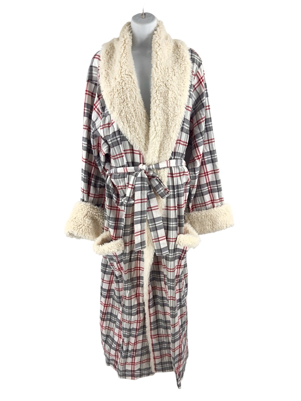 Pottery Barn Holland Plaid Robe Faux Fur Trim Size L/XL Long Red Gray White Luxe